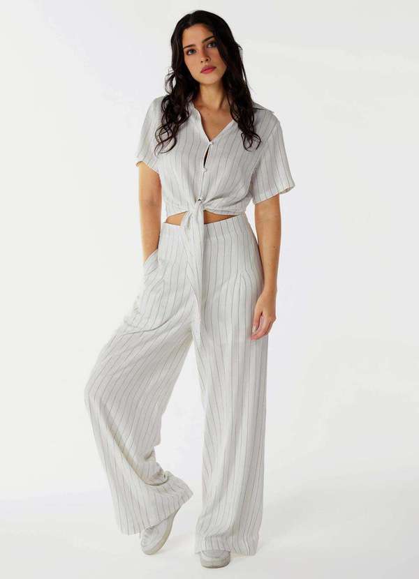 Sob - Calça Pantalona de Linho Branca Risca de Giz com Bolsos - Branco 2