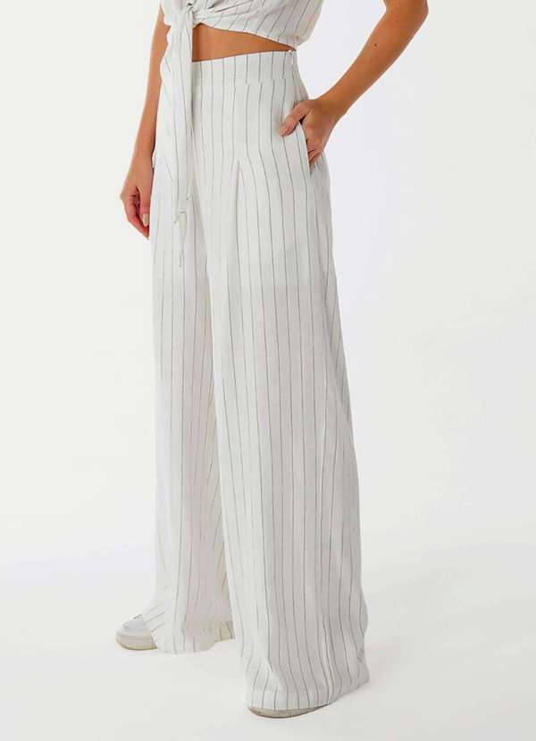 Sob - Calça Pantalona de Linho Branca Risca de Giz com Bolsos - Branco 3