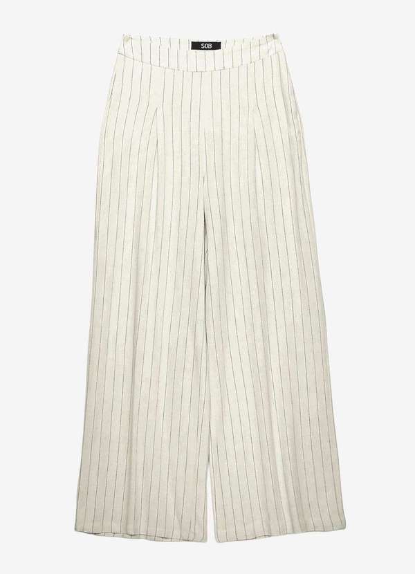 Sob - Calça Pantalona de Linho Branca Risca de Giz com Bolsos - Branco 5