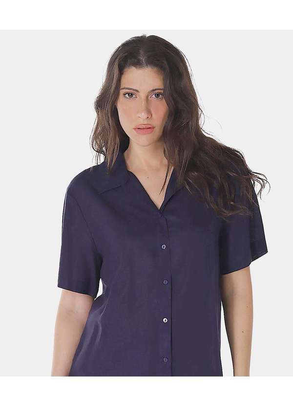 Sob - Camisa de Linho com Viscose Manga Curta - Azul