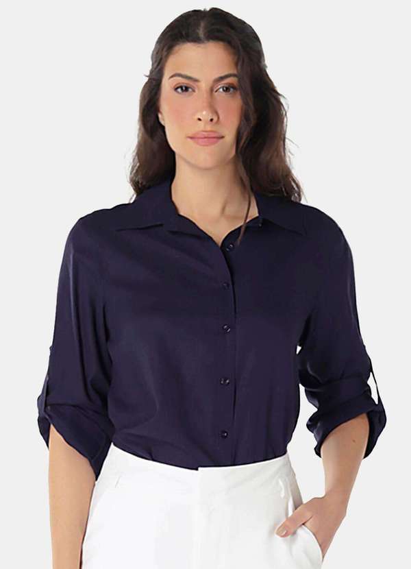 Linho Camisas Femininas Tecido Fino Social Azul Marinho Longa
