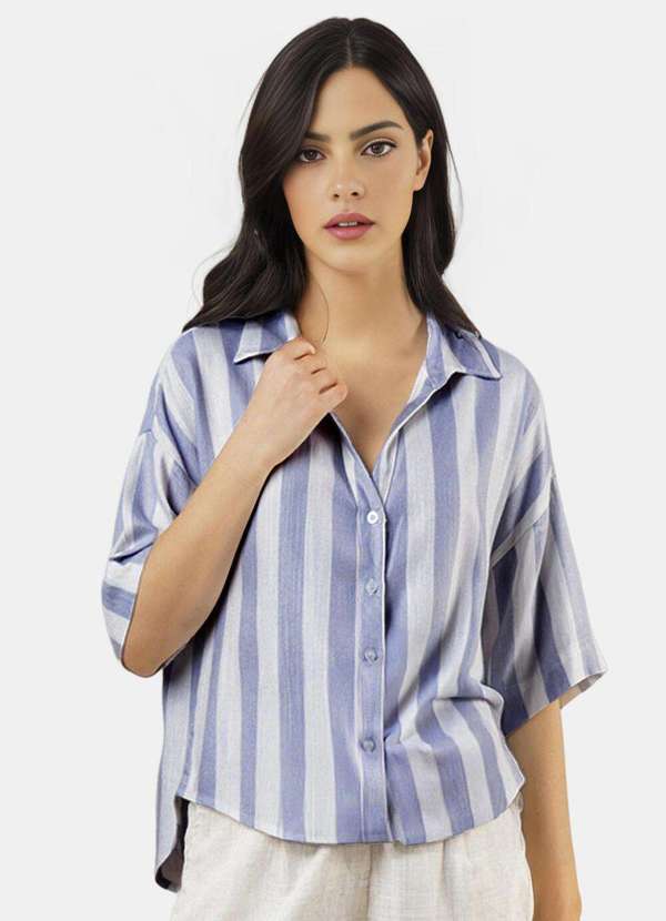 Sob - Camisa Feminina Listrada Branca e Azul Viscose Manga Curta Azul