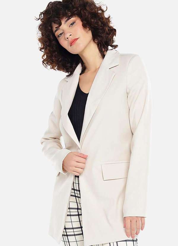 Sob - Blazer Bege Claro Feminino Longo Alfaiataria com Bolsos Sob - Bege