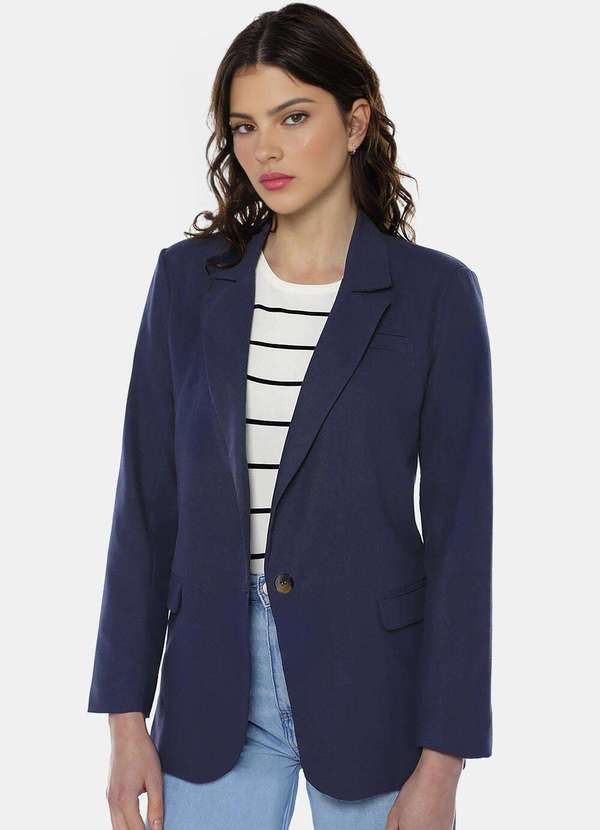 Sob - Blazer de Alfaiataria Feminino Azul Marinho com Bolsos Viscose - Azul