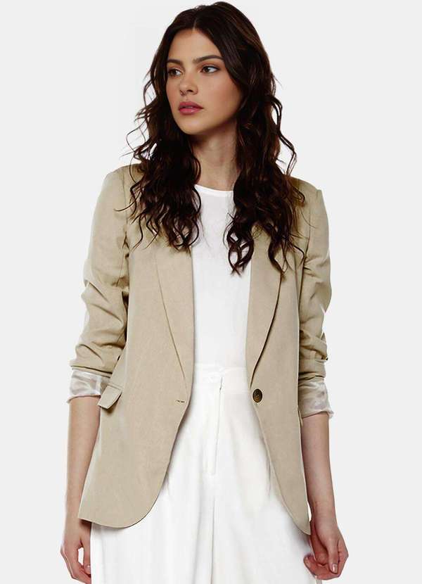 Sob - Blazer de Alfaiataria Feminino Bege Mocha com Bolsos Viscose - Bege