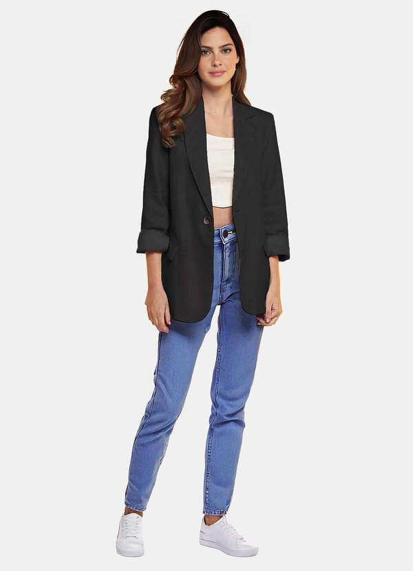 Sob - Blazer de Alfaiataria Feminino Preto com Bolsos Viscose - Preto 5