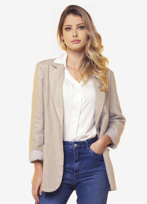 Sob - Blazer de Linho Puro Areia Feminino Sob Longo com Bolsos - Bege