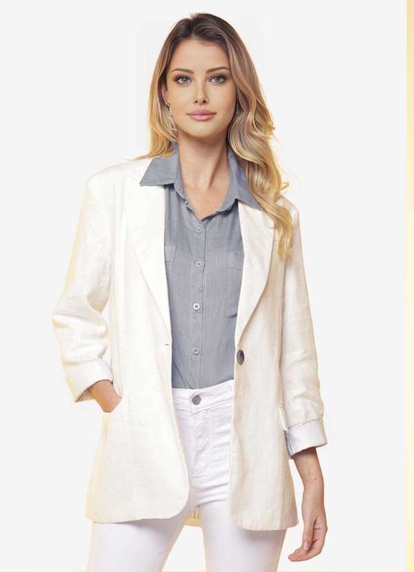 Sob - Blazer de Linho Puro Branco Feminino Sob Longo com Bolsos - Branco