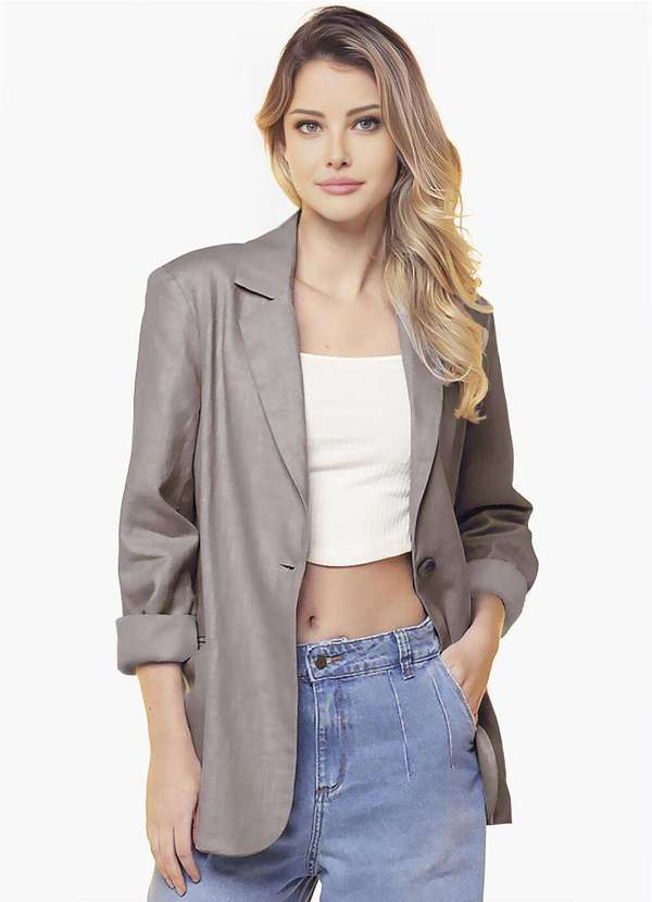 Sob - Blazer de Linho Puro Castanho Feminino Sob Longo com Bolso - Marrom