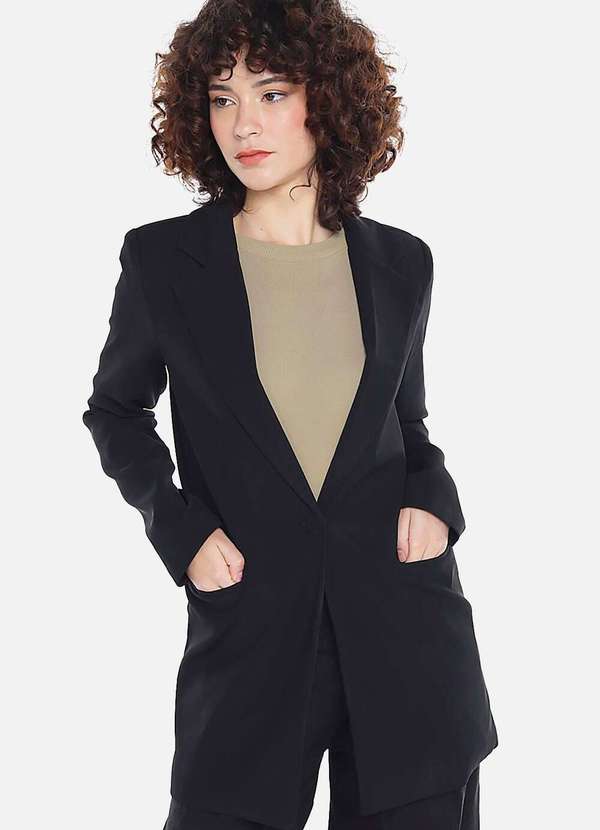 Sob - Blazer Feminino Longo Alfaiataria com Bolsos - Preto
