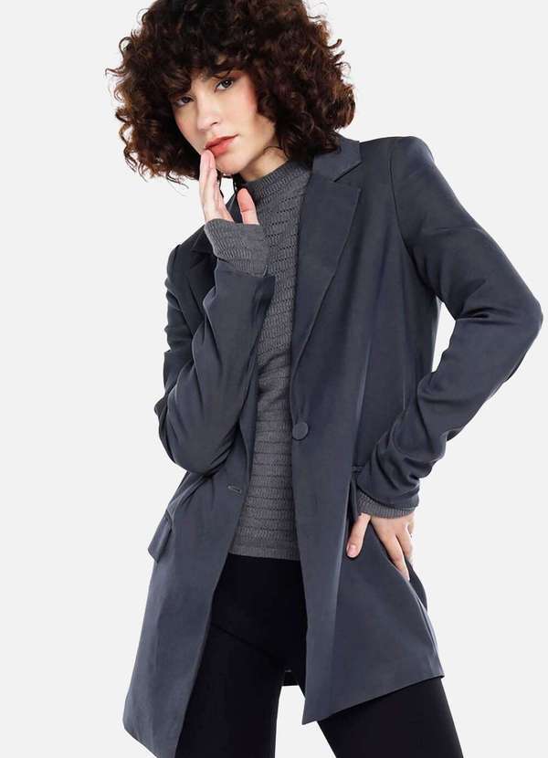 Sob - Blazer Feminino Longo Alfaiataria com Bolsos - Cinza