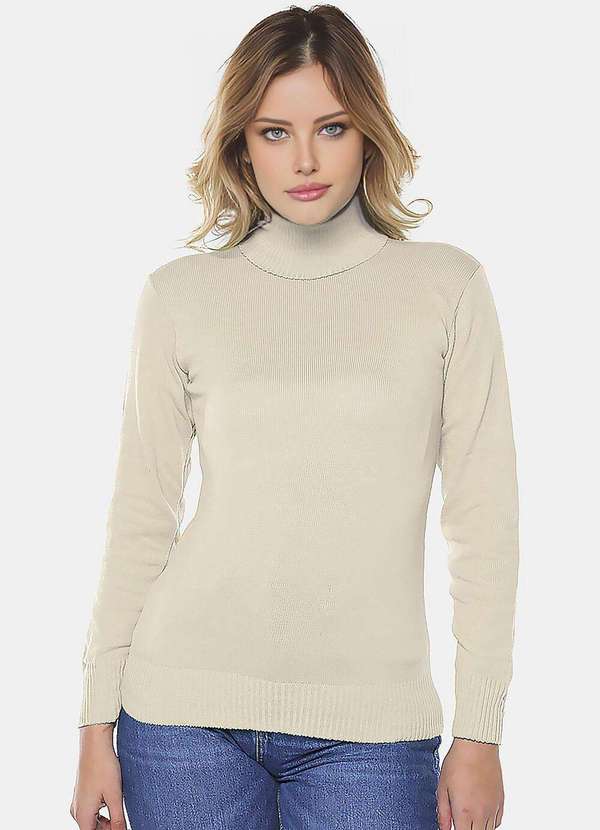 Sob - Blusa de Tricot Bege Gola Alta Manga Longa Justa - Bege 1