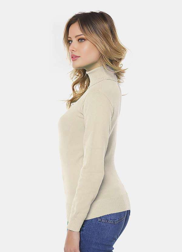 Sob - Blusa de Tricot Bege Gola Alta Manga Longa Justa - Bege 2