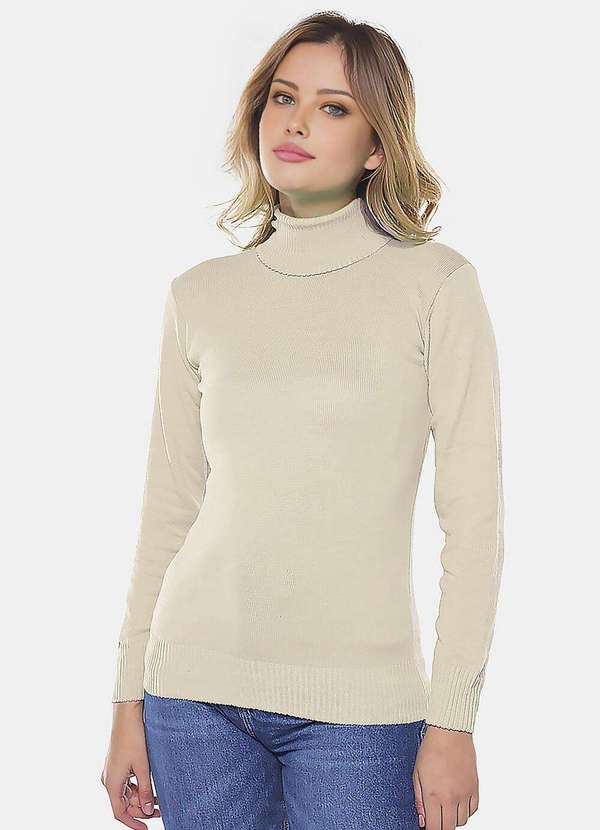 Sob - Blusa de Tricot Bege Gola Alta Manga Longa Justa - Bege 3