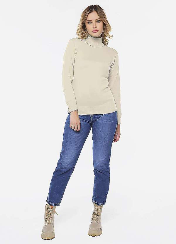 Sob - Blusa de Tricot Bege Gola Alta Manga Longa Justa - Bege 5
