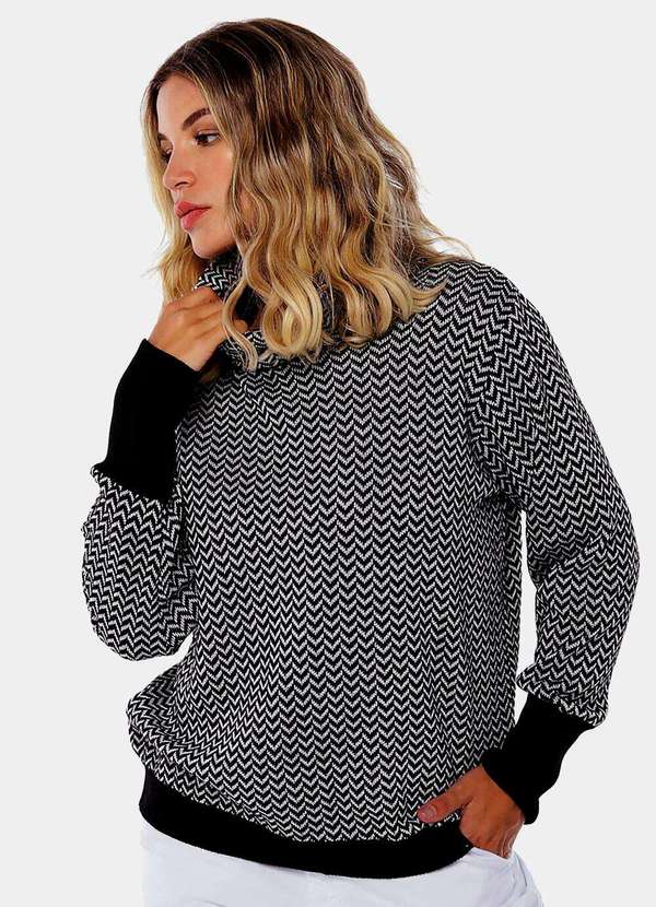 Sob - Blusa de Tricot com Viscose Gola Alta Rolê Preta e Branca - Preto