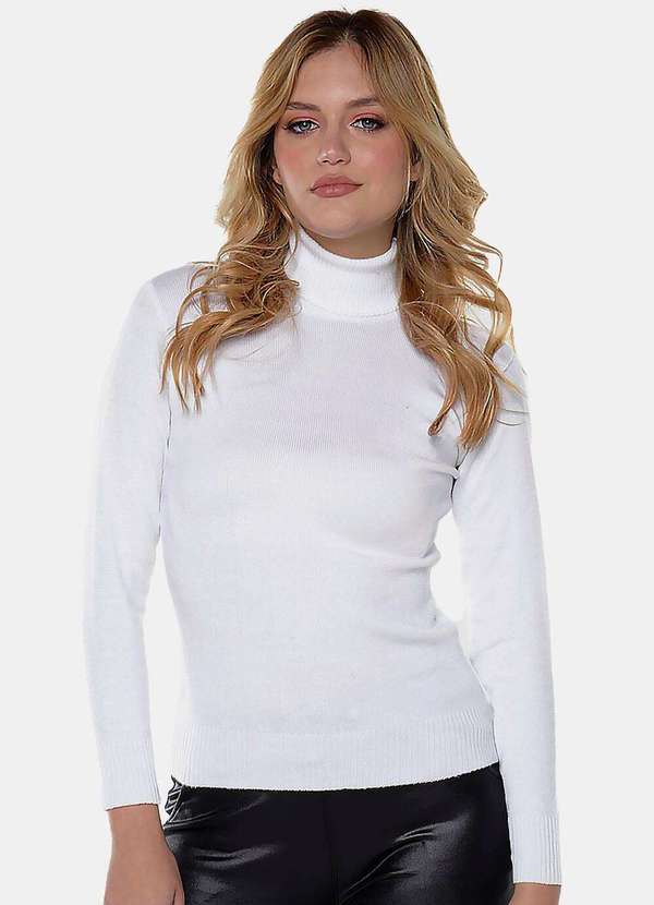 Sob - Blusa de Tricot Gola Alta Branca Manga Longa Justa - Branco