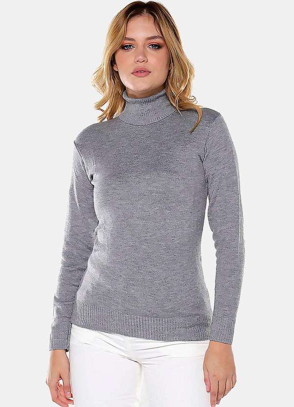 Sob - Blusa de Tricot Gola Alta Cinza Manga Longa Justa - Cinza
