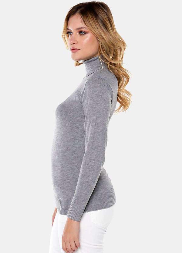 Sob - Blusa de Tricot Gola Alta Cinza Manga Longa Justa - Cinza 2