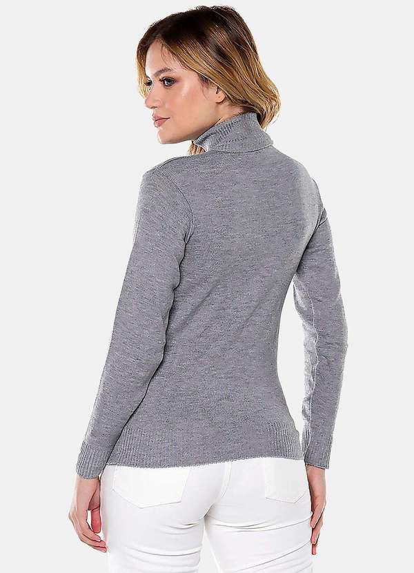 Sob - Blusa de Tricot Gola Alta Cinza Manga Longa Justa - Cinza 3