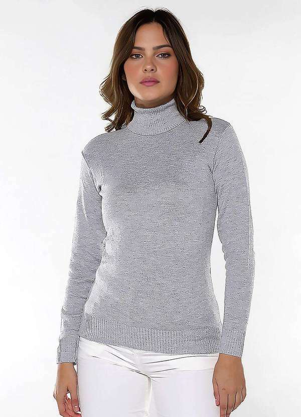 Sob - Blusa de Tricot Gola Alta Cinza Mescla Manga Longa Justa - Cinza