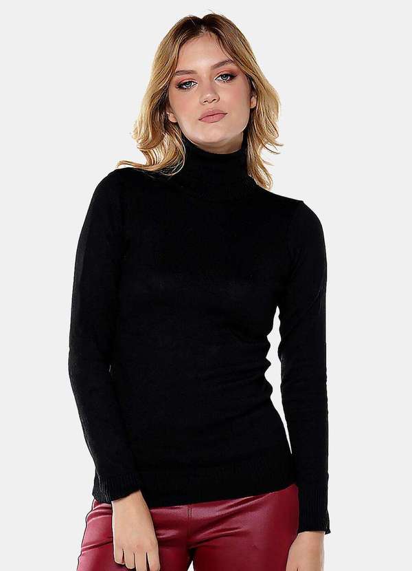 Sob - Blusa de Tricot Gola Alta Preta Manga Longa Justa - Preto