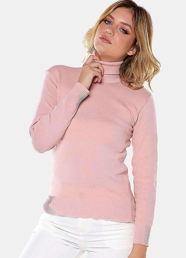 Sob - Blusa de Tricot Gola Alta  Rose Manga Longa Justa - Rosa