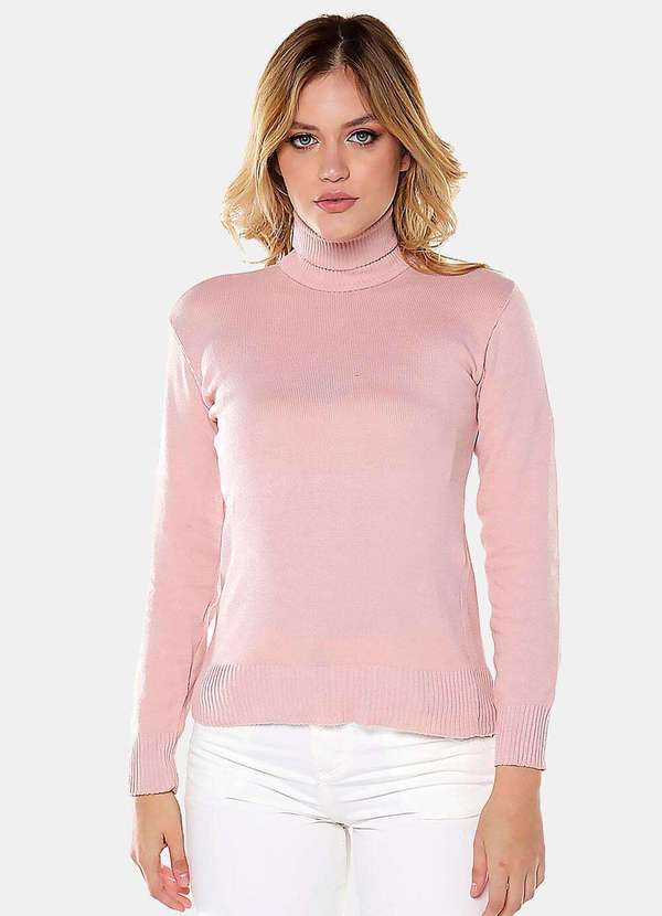 Sob - Blusa de Tricot Gola Alta Rose Manga Longa Justa - Rosa 3