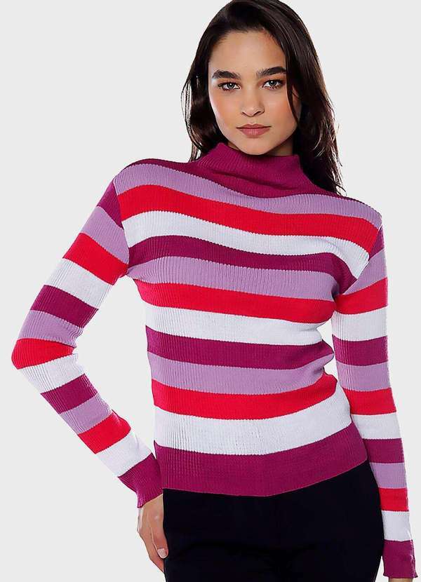 Sob - Blusa de Tricot Listrada Gola Alta Sob Rosa e Lilás - Lilás