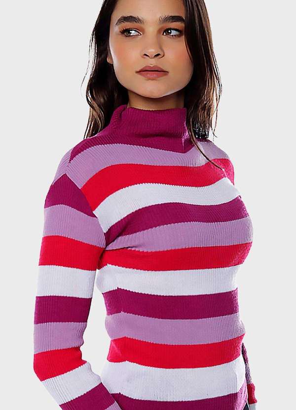 Sob - Blusa de Tricot Listrada Gola Alta Sob Rosa e Lilás - Lilás 3