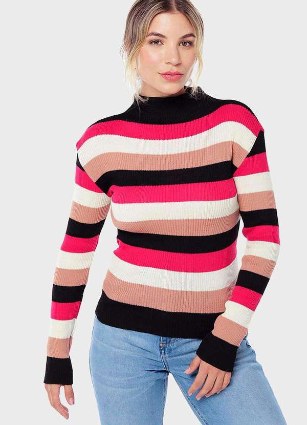 Sob - Blusa de Tricot Listrada Gola Alta Sob Rosa e Preta - Preto 2