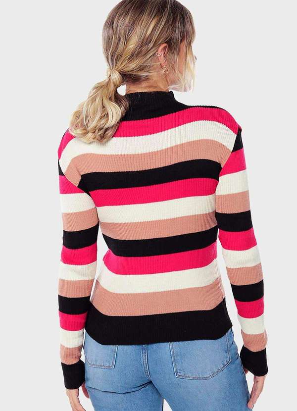 Sob - Blusa de Tricot Listrada Gola Alta Sob Rosa e Preta - Preto 3