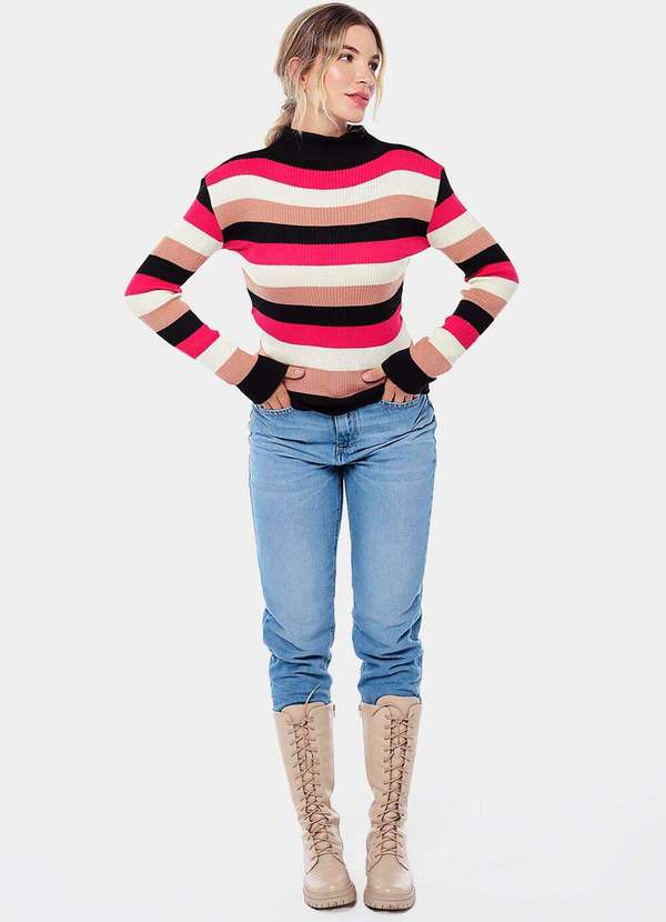 Sob - Blusa de Tricot Listrada Gola Alta Sob Rosa e Preta - Preto 7