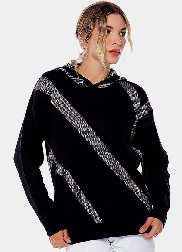 Sob - Blusa de Tricot Preta com Capuz e Listras Brancas - Preto