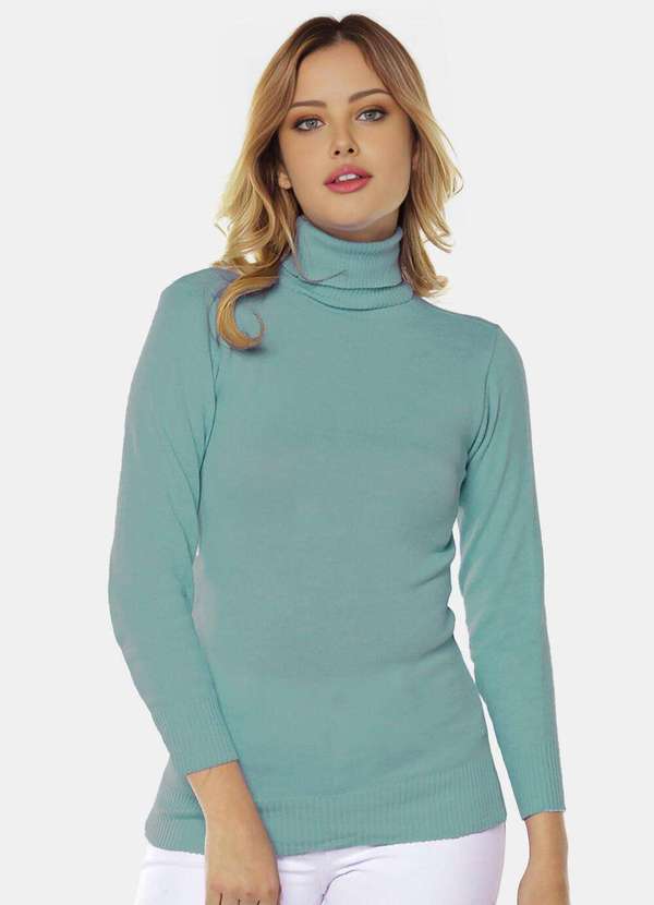 Sob - Blusa de Tricot Verde Gola Alta Manga Longa Justa - Verde 3