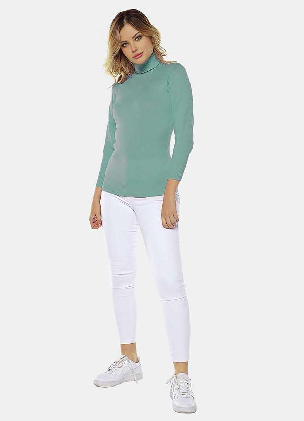 Sob - Blusa de Tricot Verde Gola Alta Manga Longa Justa - Verde 5