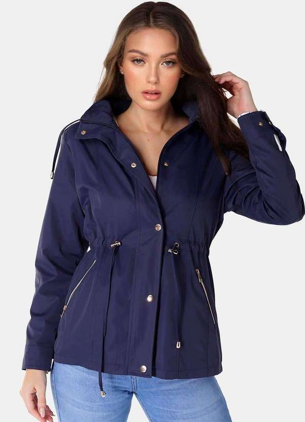 Sob - Casaco Parka Azul Marinho Forrada Pelúcia  Botão Dourado Azul