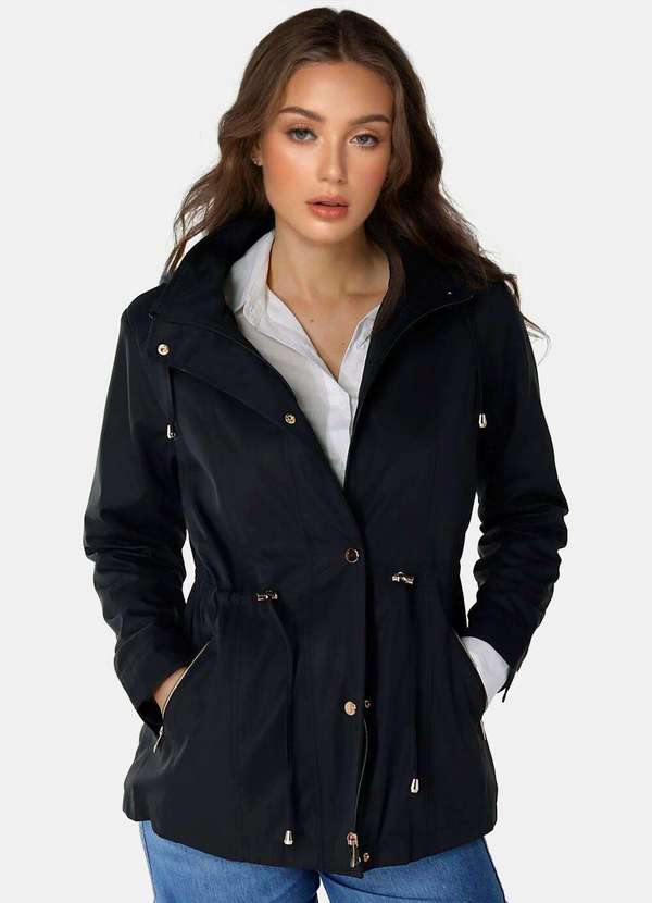 Sob - Casaco Parka Preta Forrada Pelúcia  Botão Dourado - Preto