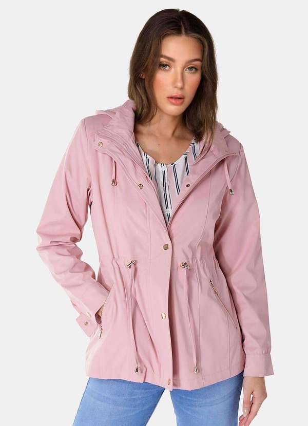 Sob - Casaco Parka Rosa Forrada Pelúcia  Botão Dourado Rosa