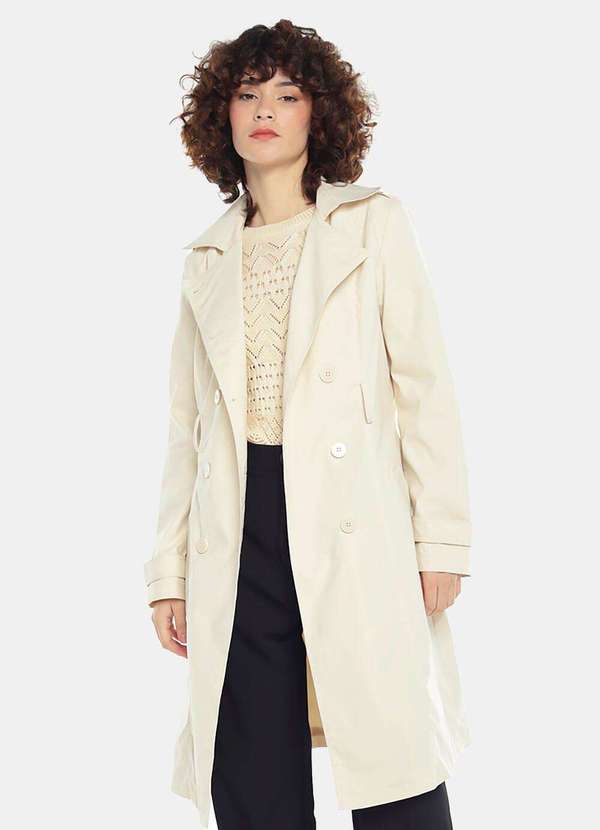 Sob - Casaco Trench Coat Bege Claro Longo Forrado com Cinto - Bege