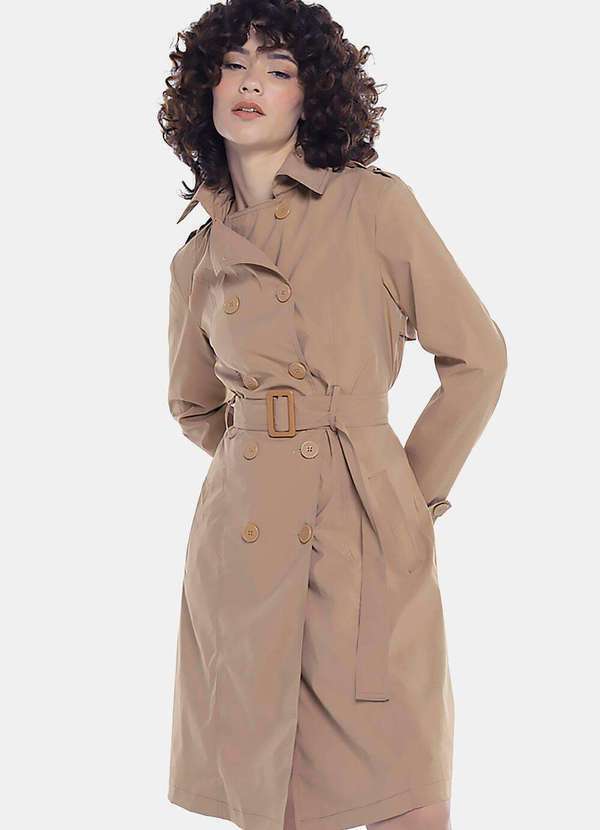 Sob - Casaco Trench Coat Caramelo Longo Forrado com Cinto - Caramelo