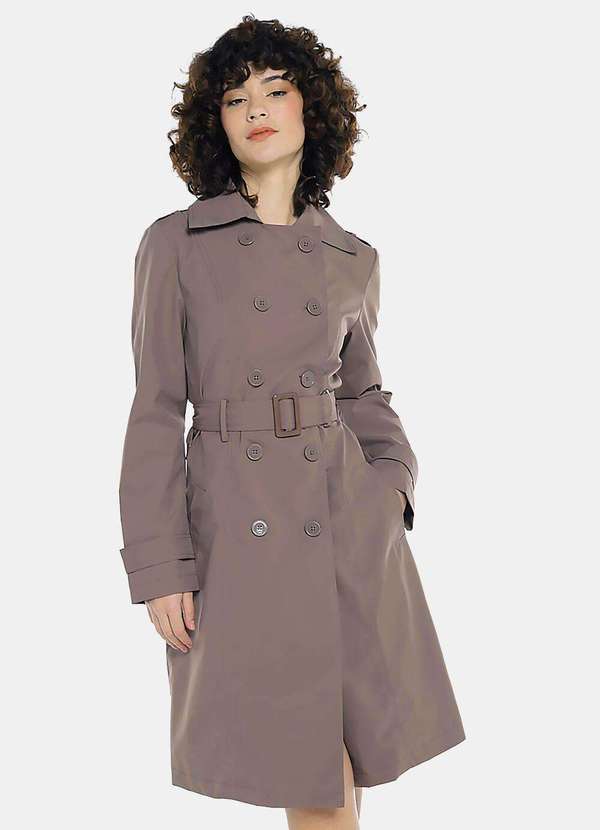 Sob - Casaco Trench Coat Castanho Longo Forrado com Cinto - Marrom