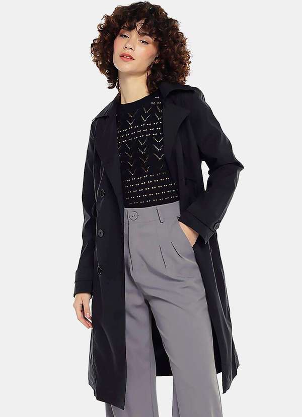 Casaco Trench Coat Preto Longo Forrado com Cinto Preto Sob Moda