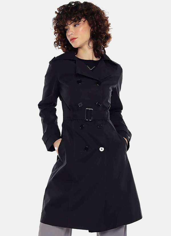 Sob - Casaco Trench Coat Preto Longo Forrado com Cinto - Preto 3