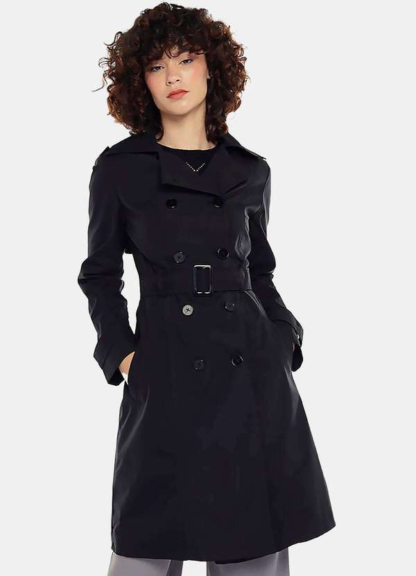 Sob - Casaco Trench Coat Preto Longo Forrado com Cinto - Preto 5