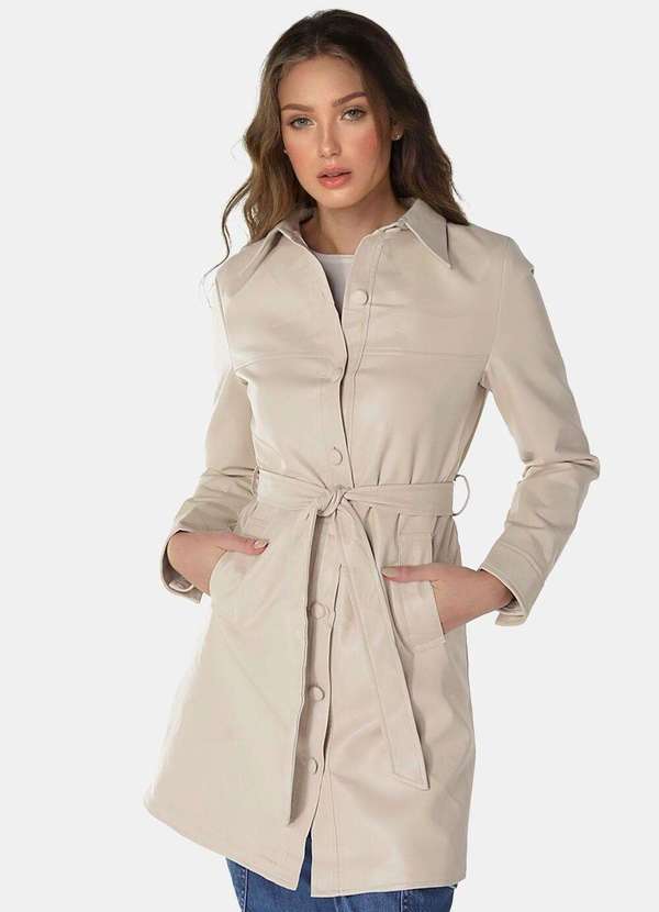 Sob - Casaco Trench Coat Pu Bege Claro Longo Forrado - Bege