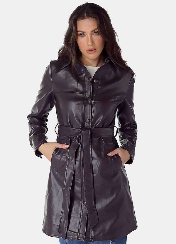 Sob - Casaco Trench Coat Pu Marrom Café Longo Forrado - Marrom