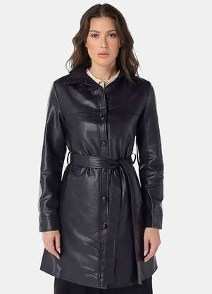 Sob Casaco Trench Coat Pu Preto Longo Forrado Preto