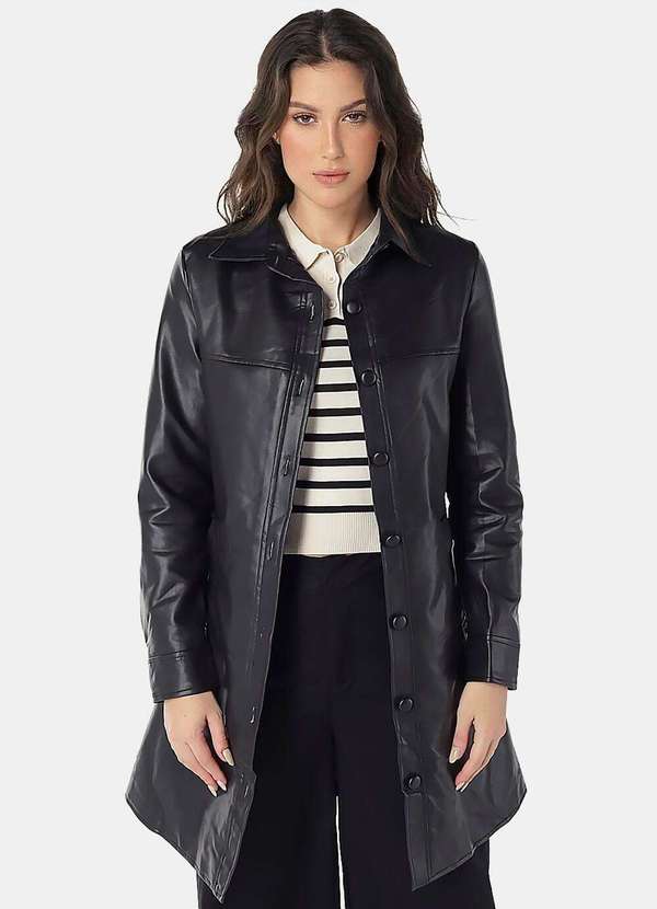 Sob Casaco Trench Coat Pu Preto Longo Forrado Preto