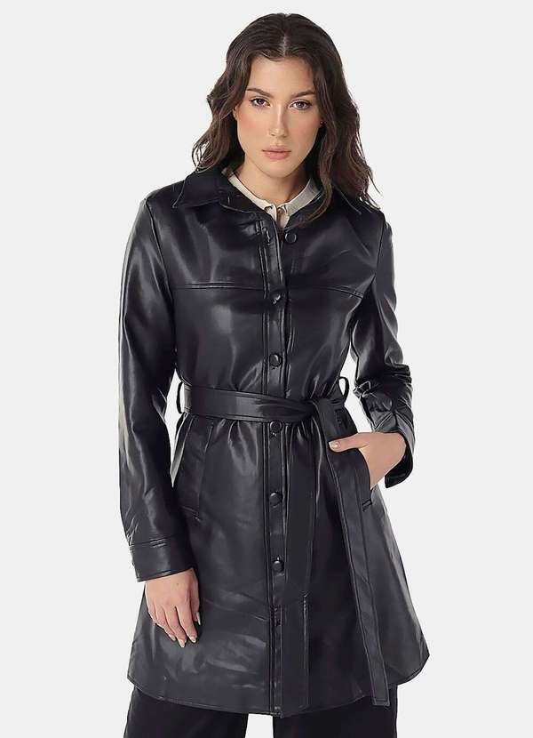 Sob - Casaco Trench Coat Pu Preto Longo Forrado - Preto 3